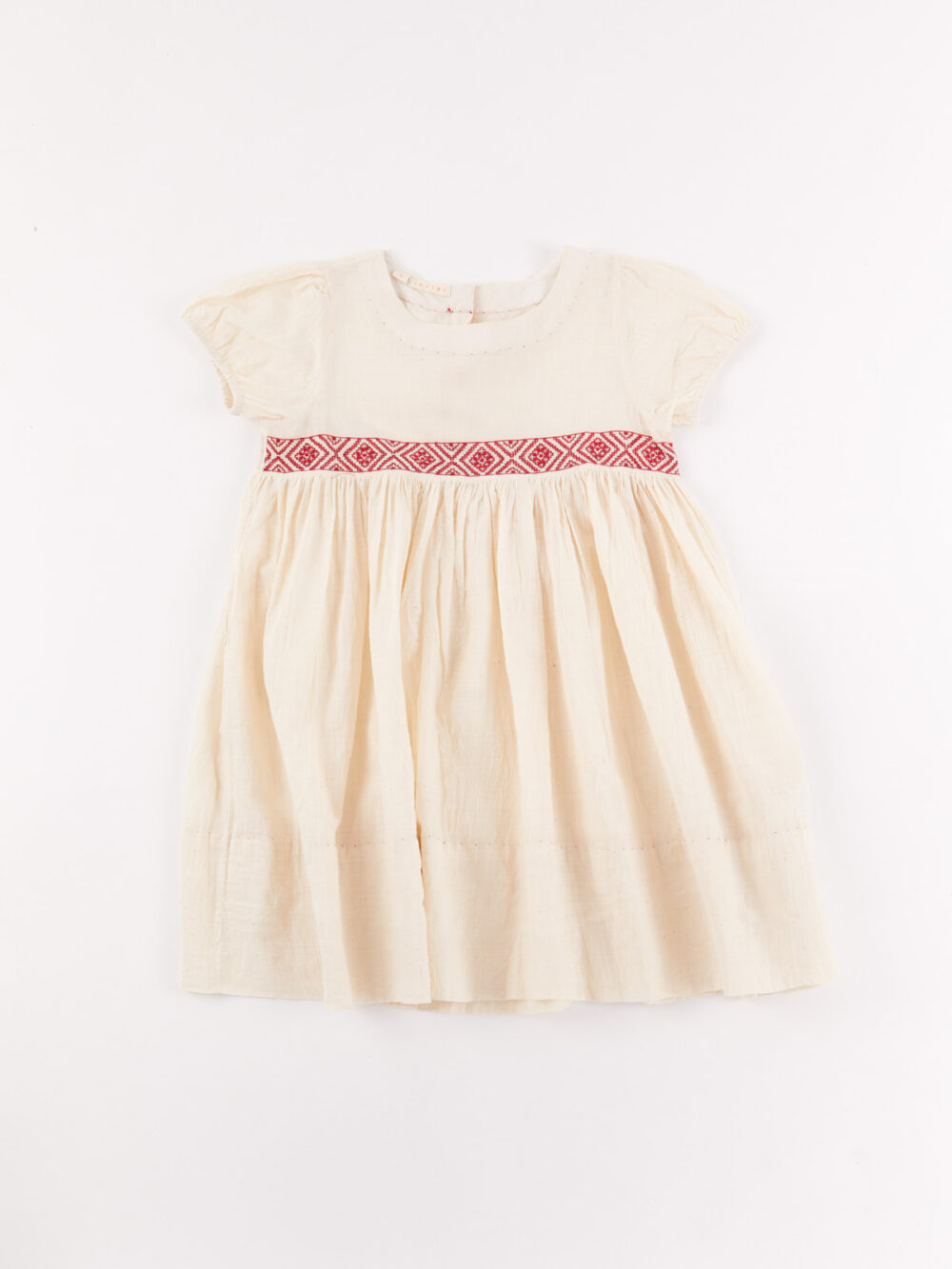 injiri short sleeve baby dress in ivory with red trim