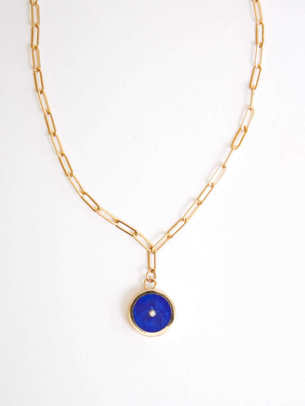 14K Lapis Lazuli Round Pendant Necklace w/Diamond by Legier