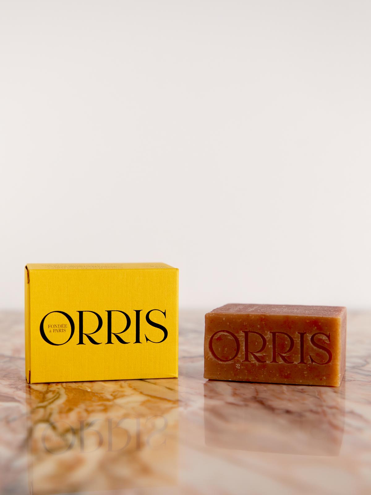 Le Déesse - Cleansing Bar by Orris box and soap on pink marble