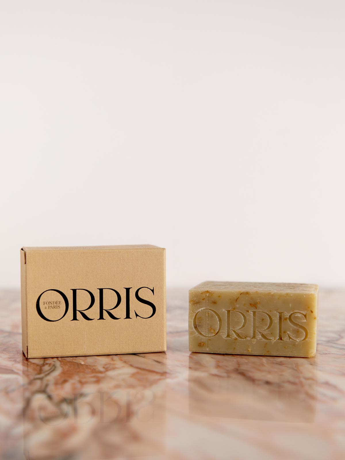 Le Botaniste - Cleansing Bar by Orris box and soap on pink marble