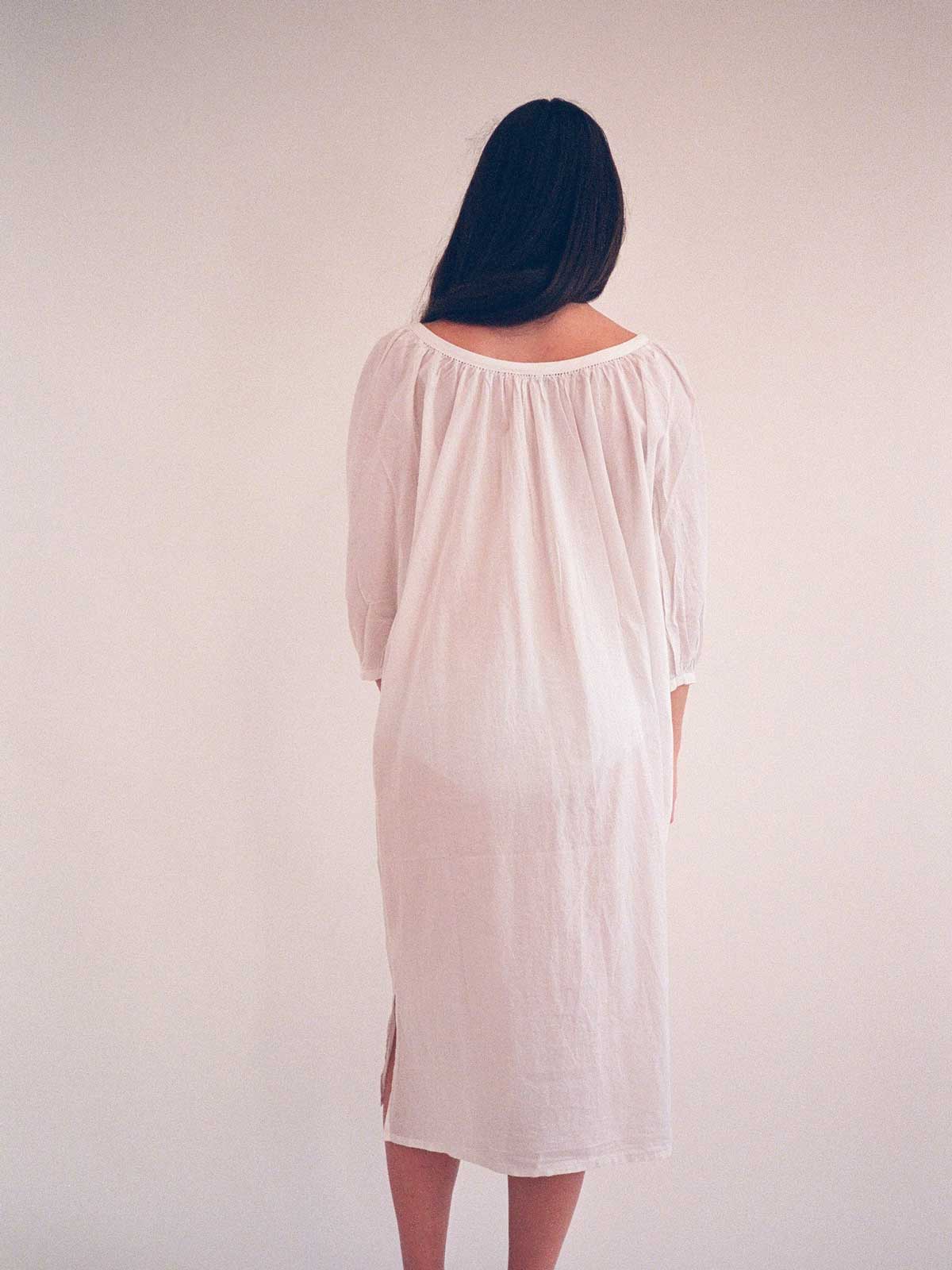 Night Gown in White by Domi woman's back