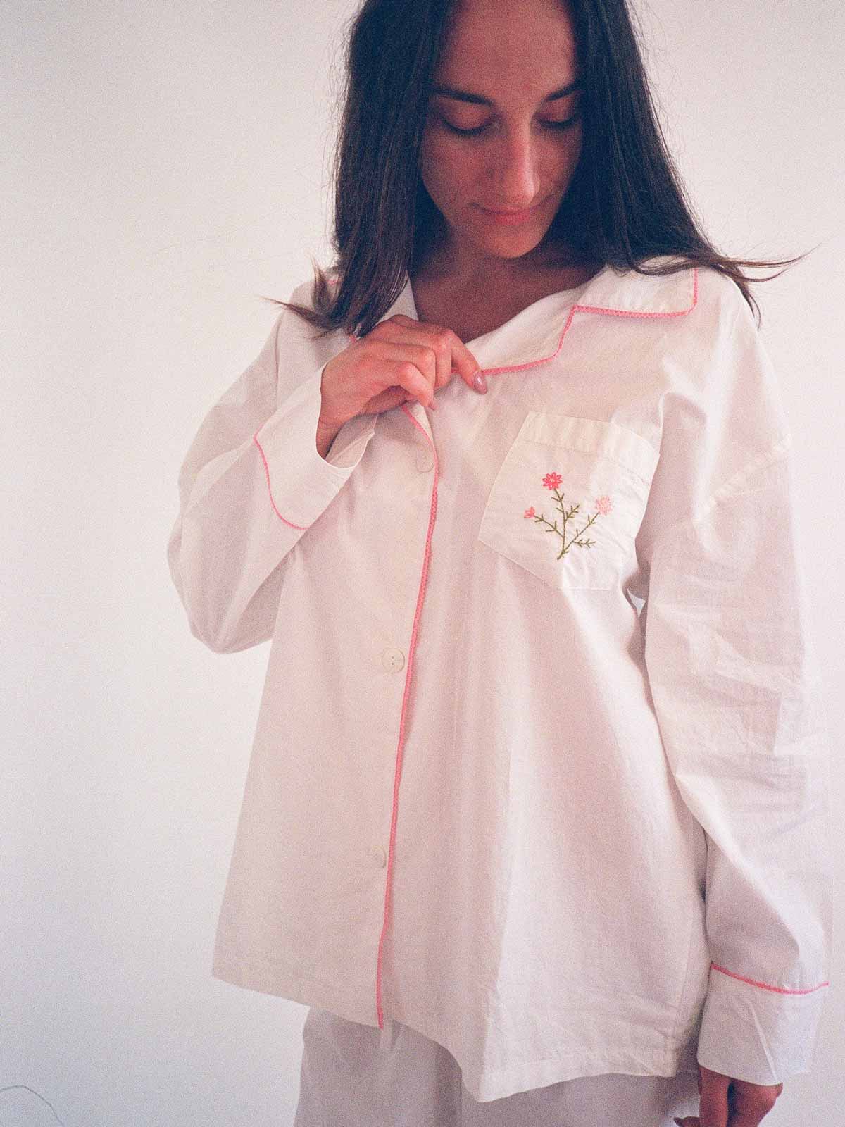 woman wearing domi oversized embroidered pjs - detail