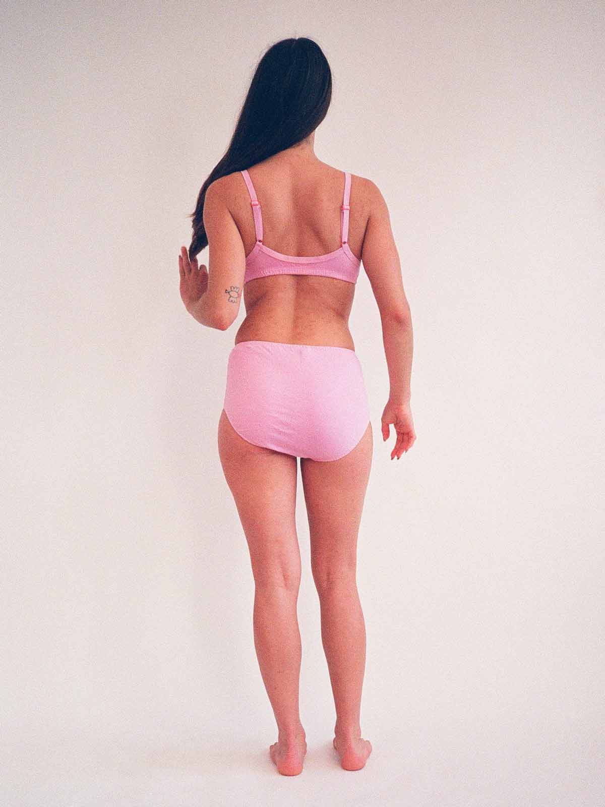 woman wearing pansy sherbet high rise underwear and bra - back view