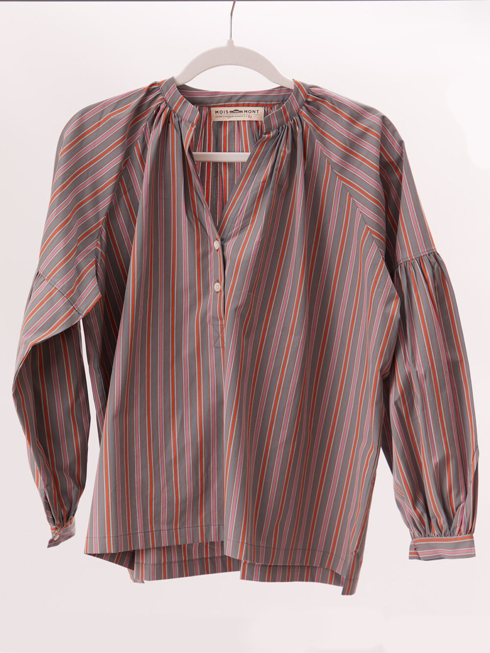 striped summer blouse with gathered neckline.
